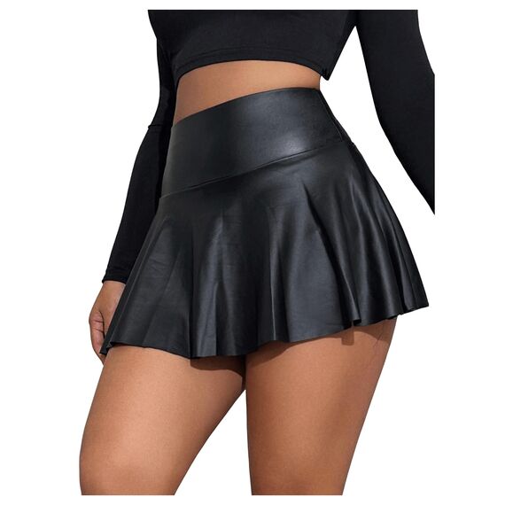 GORGLITTER Damen Skort Elastischer Bund Minirock PU Leder Clubröcke Kurze Röcke mit Rüschensaum Schwarz M
