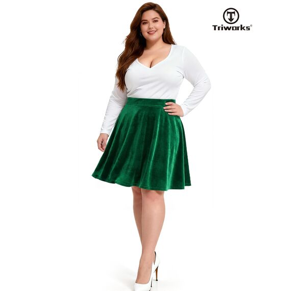 TRIWORKS Elegante cordrock Damen grün Cord Rock Nicht mit integrierten Shorts Große Größen Basic Mini Skater Rock A-Linie Versatile Elastische Minirock 4XL