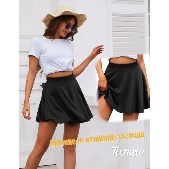 DRESSTELLS Rock Damen Schwarz Kurz Skater Rock A-Linie Hohe Taille Minirock Silvesteroutfit Anime Faltenrock Karneval Tennis Rock Black L