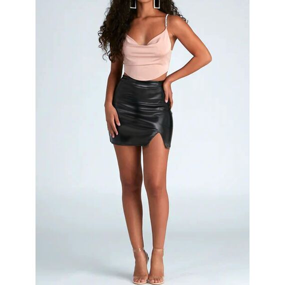 HAWILAND Lederrock Damen - Rock mit Schlitz High Waist Faux Leder Rock PU Minirock Seitenschlitz Lederoptik Bleistiftrock #1 Schwarz S