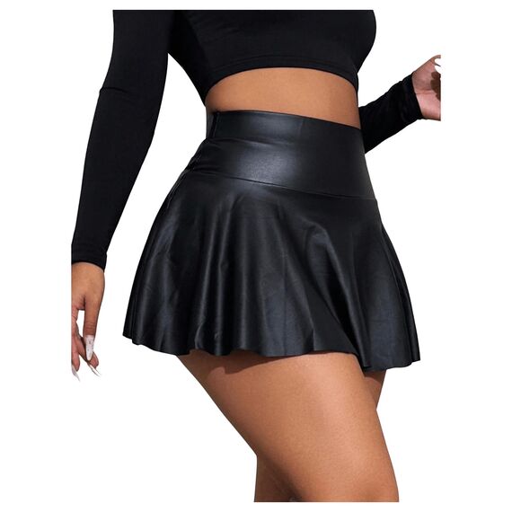 GORGLITTER Damen Skort Elastischer Bund Minirock PU Leder Clubröcke Kurze Röcke mit Rüschensaum Schwarz M