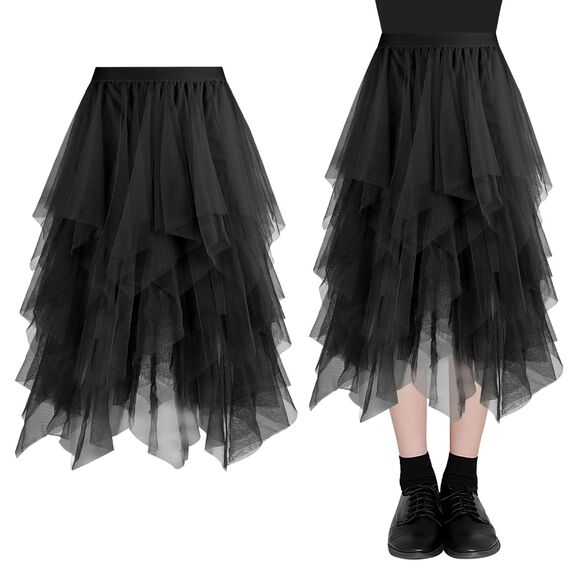 AUYAO Damen Tüllrock Klassisch Mittellanger Ballett Tutu Rock Unregelmäßige Tütü Tutu Rock Damen Mesh Nähte Tutu Röcke Elastische Tüll Rock High Waisted Rock A-Linie Midirock Lagenrock (Schwarz)