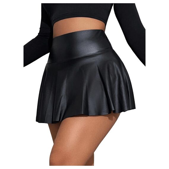 GORGLITTER Damen Skort Elastischer Bund Minirock PU Leder Clubröcke Kurze Röcke mit Rüschensaum Schwarz M