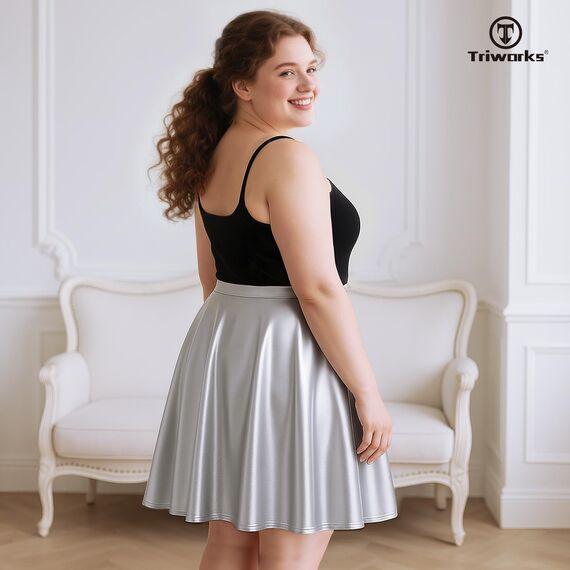 TRIWORKS Elegante Silber Rock Große Größen Damen Mädchen Basic Casual Mini Sommer Kurz Skater Stretchy Rock mit Hose A-Linie Versatile Elastische Minirock Tennisrock 4XL