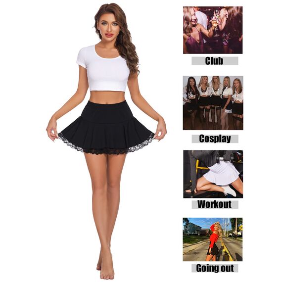 Avidlove Damen Mini Röcke Sommer Solide Faltenrock Spitze Ruffle Plisseerock Kurz Sexy Minirock Basic Gefaltet Rock Elastisch Skater Skirt Schwarz M