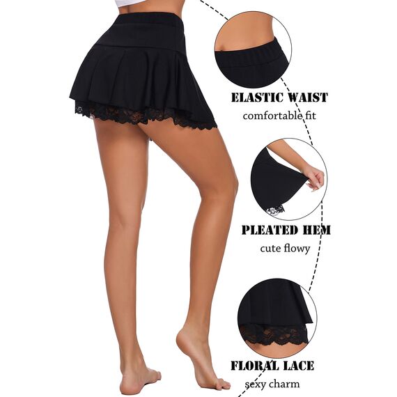 Avidlove Damen Mini Röcke Sommer Solide Faltenrock Spitze Ruffle Plisseerock Kurz Sexy Minirock Basic Gefaltet Rock Elastisch Skater Skirt Schwarz M
