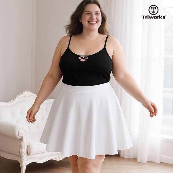 TRIWORKS Elegante Weiß Rock Große Größen Damen Mädchen Basic Casual Mini Sommer Kurz Skater Stretchy Rock mit Hose A-Linie Versatile Elastische Minirock Tennisrock XXL