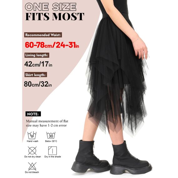 Tüllrock Damen Lang 80CM Elastische Tüll Rock Unregelmäßiges Netz Täglich, Abschlussball, Party(Taillenumfang: 60-78cm, Schwarz)