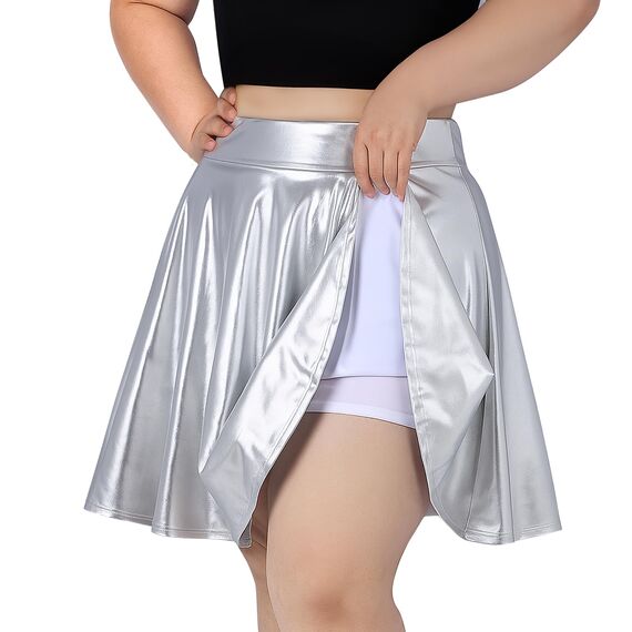 TRIWORKS Elegante Silber Rock Große Größen Damen Mädchen Basic Casual Mini Sommer Kurz Skater Stretchy Rock mit Hose A-Linie Versatile Elastische Minirock Tennisrock XL