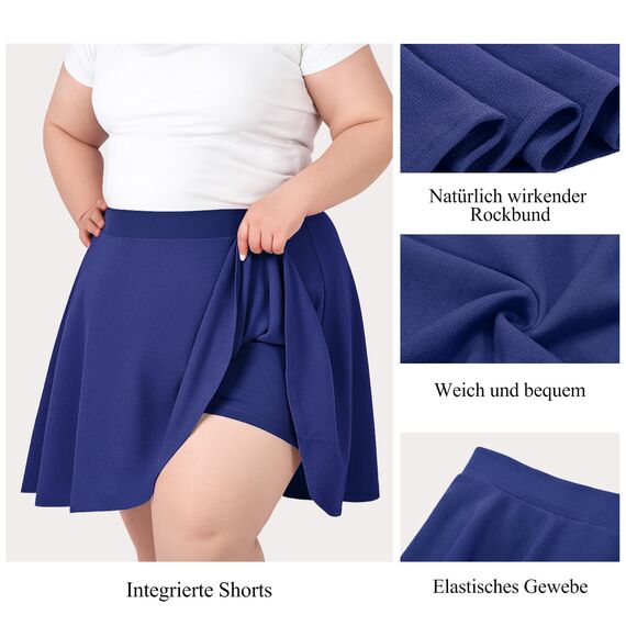 TRIWORKS Elegante Blau Rock Große Größen Damen Mädchen Basic Casual Mini Sommer Kurz Skater Stretchy Rock mit Hose A-Linie Versatile Elastische Minirock Tennisrock 4XL