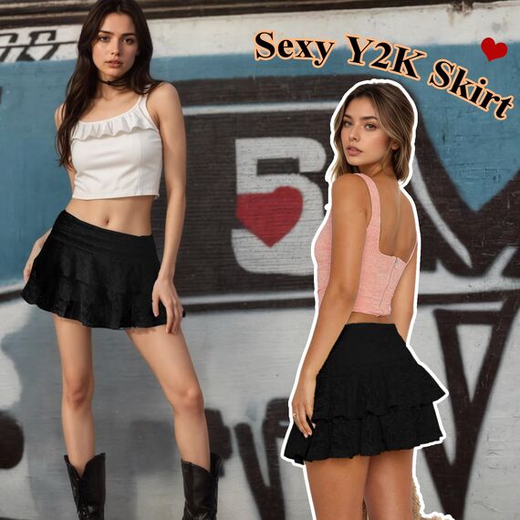 Neteson Minirock Damen Sexy Kurz Faltenrock mit Hose Mini Rock Sommer Spitze A-Linie Ruffle Skirt Y2k Plisseerock Rüschen Frauen Kurzer Röcke Fairycore Streetwear