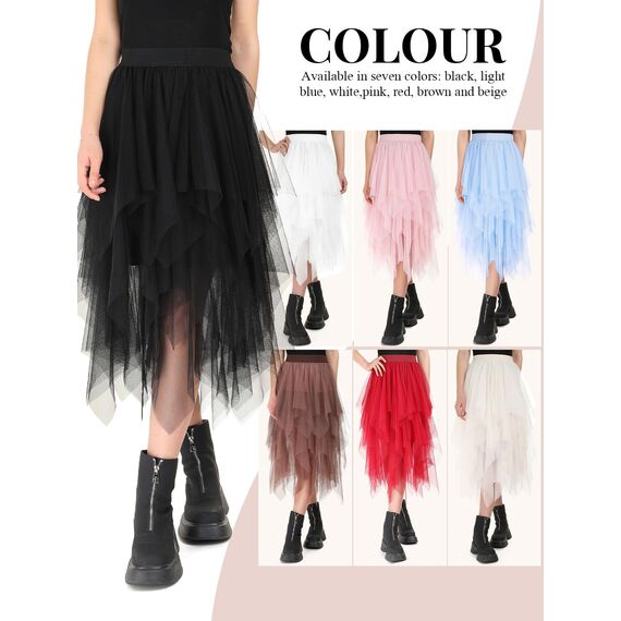 Tüllrock Damen Lang 80CM Elastische Tüll Rock Unregelmäßiges Netz Täglich, Abschlussball, Party(Taillenumfang: 60-78cm, Schwarz)
