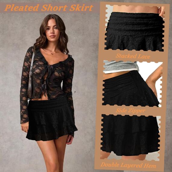 Neteson Minirock Damen Sexy Kurz Faltenrock mit Hose Mini Rock Sommer Spitze A-Linie Ruffle Skirt Y2k Plisseerock Rüschen Frauen Kurzer Röcke Fairycore Streetwear