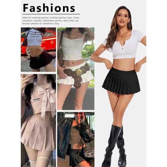 Eisnnu Minirock Damen Elastische Taille Solide Super Kurz Faltenrock Schwarzer Rock Rocklänge 25CM für Cosplay,Club,Halloween Party