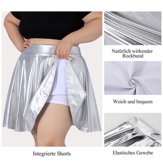 TRIWORKS Elegante Silber Rock Große Größen Damen Mädchen Basic Casual Mini Sommer Kurz Skater Stretchy Rock mit Hose A-Linie Versatile Elastische Minirock Tennisrock XL