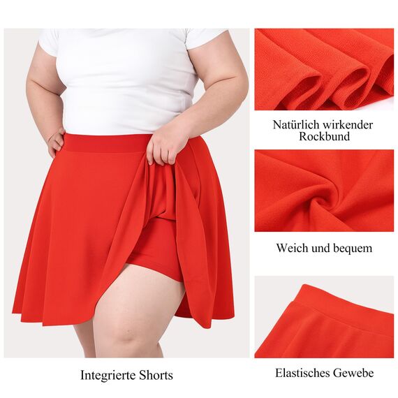 TRIWORKS Elegante Rot Rock Große Größen Damen Mädchen Basic Casual Mini Sommer Kurz Skater Stretchy Rock mit Hose A-Linie Versatile Elastische Minirock Tennisrock XL