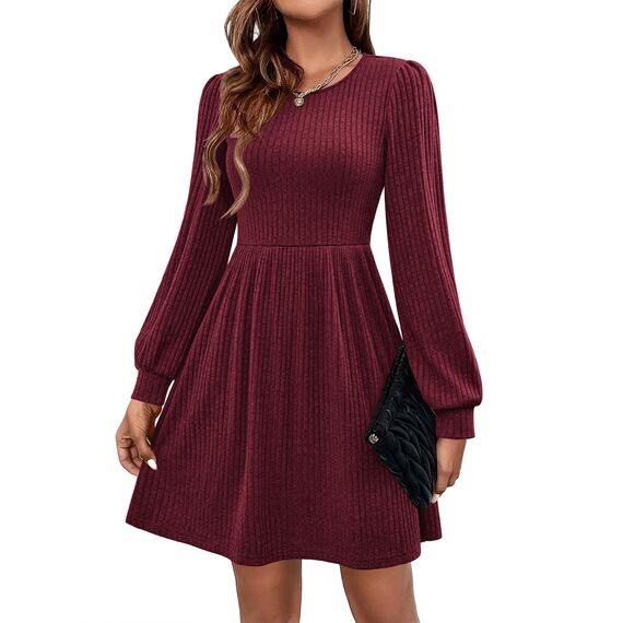 Hotouch Strickkleid Damen Winter Kleider Langarm Kleid Weihnachten Knielang Winterkleid Weihnachtskleid Rundhals Herbstkleid mit Taschen A-Linie Blusenkleid Dunkelrot S