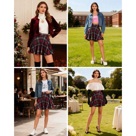 Dressever Damen Basic Vielseitige Dehnbaren Informell Casual Mini Hohe Taille A-Linie Tennisrock Tanzrock Red Plaid Medium