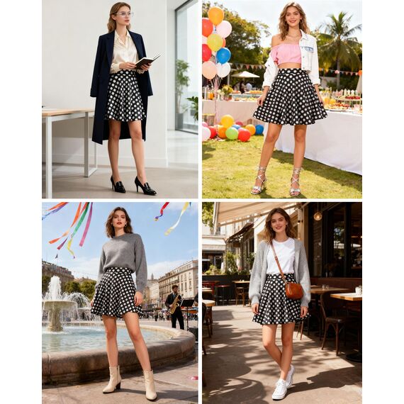 Dressever Damen Basic Vielseitige Dehnbaren Informell Casual Mini Hohe Taille A-Linie Tennisrock Tanzrock Black White Dot Large
