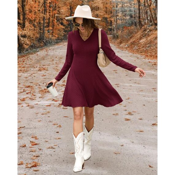 AUSELILY Strickkleid Damen Herbst Leichte A Linie Herbstkleid Langarm Kleider V Ausschnitt Winterkleid Elegant Pulloverkleid Weinrot M
