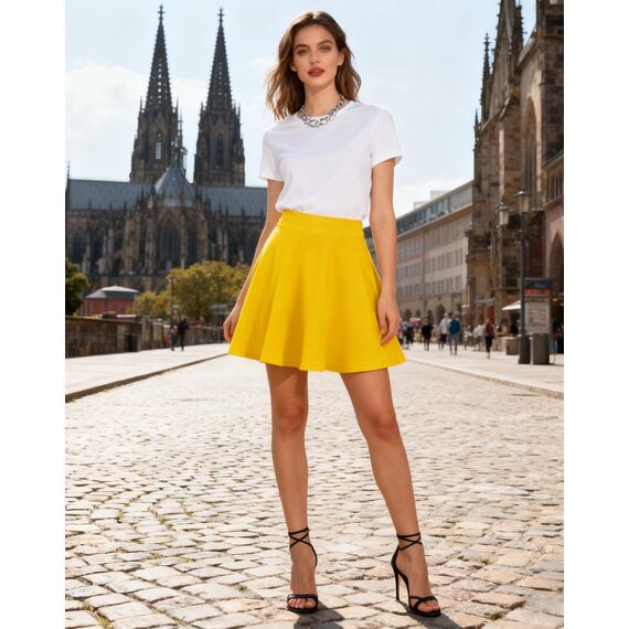 Dressever Damen Basic Vielseitige Dehnbaren Informell Casual Mini Hohe Taille A-Linie Tennisrock Tanzrock Gold X-Large