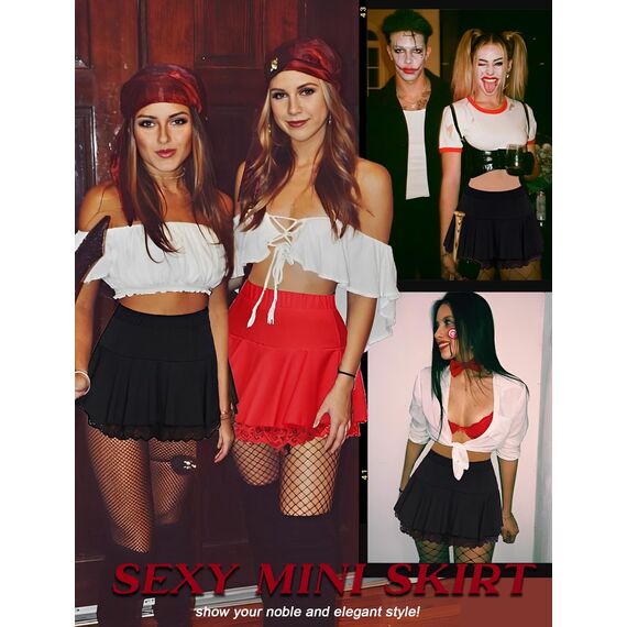 Avidlove Damen Mini Röcke Sommer Solide Faltenrock Spitze Ruffle Plisseerock Kurz Sexy Minirock Basic Gefaltet Rock Elastisch Skater Skirt Schwarz M