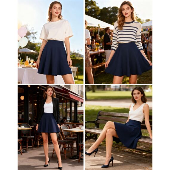 Dressever Damen Basic Vielseitige Dehnbaren Informell Casual Mini Hohe Taille A-Linie Tennisrock Tanzrock Navyblau Medium