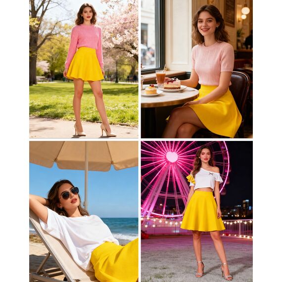 Dressever Damen Basic Vielseitige Dehnbaren Informell Casual Mini Hohe Taille A-Linie Tennisrock Tanzrock Gold Small