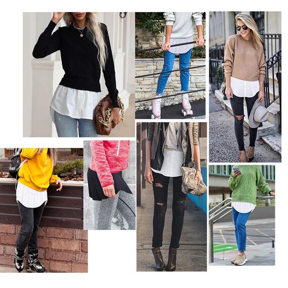 Girstunm Women's Shirt Extender for Women 2Pcs Adjustable Layered Fake Top Lower Sweep Shirt Half Length Mini Skirt for Girls Schwarz und Weiß XL