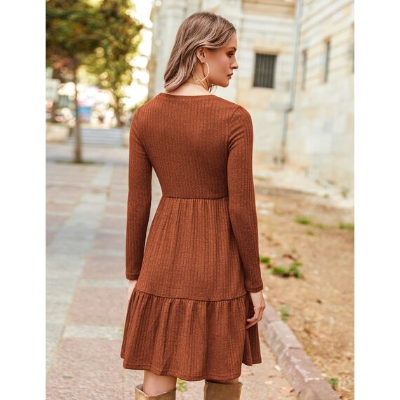 Zeagoo Damen Kleider Langarm Rundhals Herbstkleid mit Taschen Elegant Knielang Kleid Winter Frühling Karamell S
