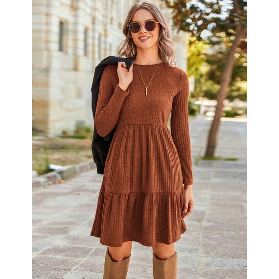 Zeagoo Damen Kleider Langarm Rundhals Herbstkleid mit Taschen Elegant Knielang Kleid Winter Frühling Karamell S