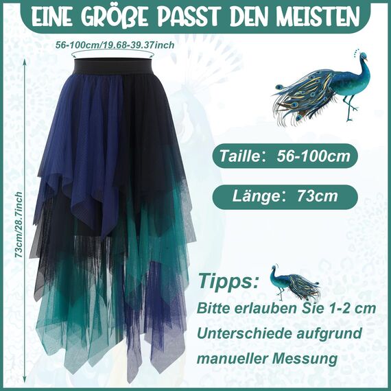 Sintege Hexenkostüm für Damen Halloween Tüllrock Lang Plisseerock Pfau Kostüm für Fasching Karneval Party (Blau, Grün)