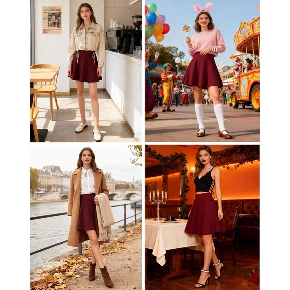 Dressever Damen Basic Vielseitige Dehnbaren Informell Casual Mini Hohe Taille A-Linie Tennisrock Tanzrock Burgundy Medium