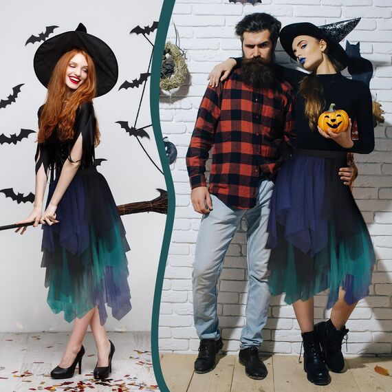 Sintege Hexenkostüm für Damen Halloween Tüllrock Lang Plisseerock Pfau Kostüm für Fasching Karneval Party (Blau, Grün)