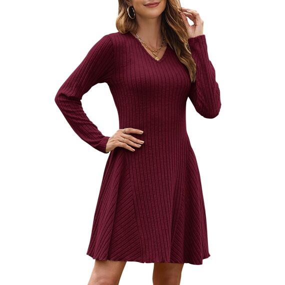 AUSELILY Strickkleid Damen Herbst Leichte A Linie Herbstkleid Langarm Kleider V Ausschnitt Winterkleid Elegant Pulloverkleid Weinrot M