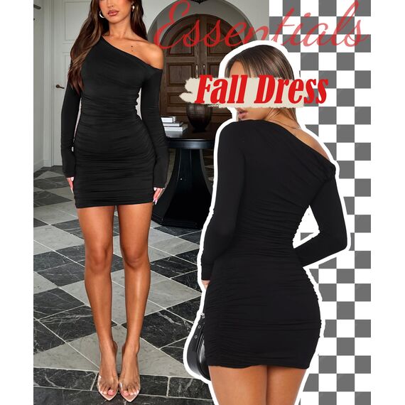 Navneet Damen Off Shoulder Kleid Partykleid Bodycon Langarm Elegant Eng Sexy Outfit Festlich Minikleid Hochzeitgast Schwarz S