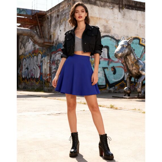 Dressever Damen Basic Vielseitige Dehnbaren Informell Casual Mini Hohe Taille A-Linie Tennisrock Tanzrock Königsblau X-Large