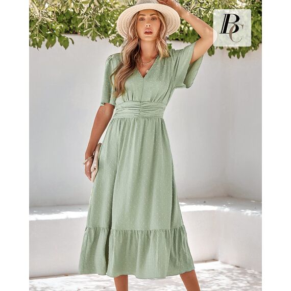 BebreezChic Sommerkleid Damen Lang Boho Elegant Kurzarm V-Ausschnitt Hohe Taille Swiss Dot Gerafft Blumen Strandkleid Maxikleid, Hellgrün L