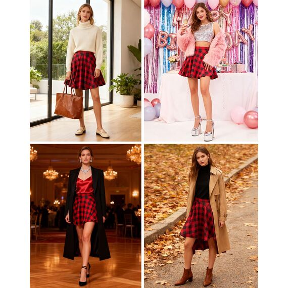 Dressever Damen Basic Vielseitige Dehnbaren Informell Casual Mini Hohe Taille A-Linie Tennisrock Tanzrock Black Red Plaid X-Large