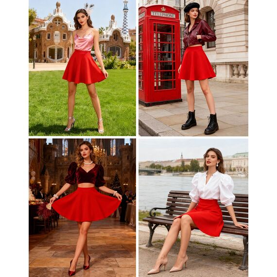 Dressever Damen Basic Vielseitige Dehnbaren Informell Casual Mini Hohe Taille A-Linie Tennisrock Tanzrock Rot XX-Large