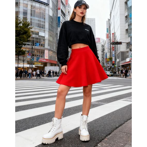 Dressever Damen Basic Vielseitige Dehnbaren Informell Casual Mini Hohe Taille A-Linie Tennisrock Tanzrock Rot XX-Large