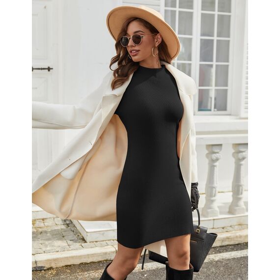 ZEAGOO Damen Elegant Kleid Langarm Strick Winterkleid Sexy Figurbetont Strickkleid Slim Eng Kleid Herbst Winter Sweater Dress Schwarz M
