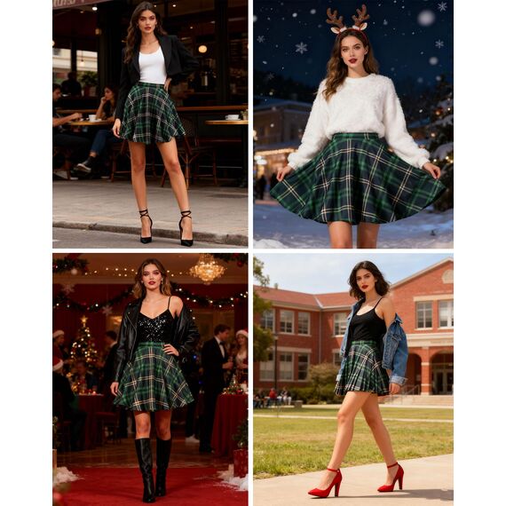 Dressever Damen Basic Vielseitige Dehnbaren Informell Casual Mini Hohe Taille A-Linie Tennisrock Tanzrock Green Plaid X-Large