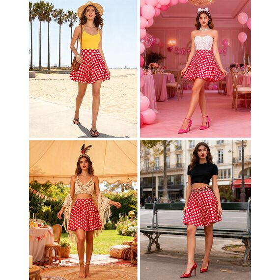 Dressever Damen Basic Vielseitige Dehnbaren Informell Casual Mini Hohe Taille A-Linie Tennisrock Tanzrock Red White Dot X-Large