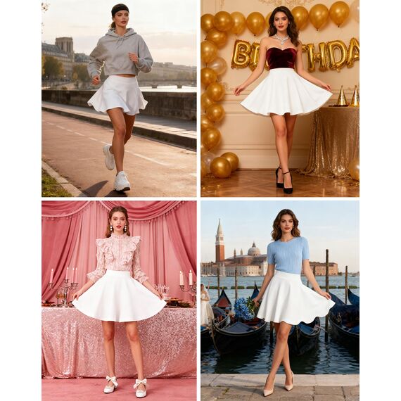 Dressever Damen Basic Vielseitige Dehnbaren Informell Casual Mini Hohe Taille A-Linie Tennisrock Tanzrock Weiß X-Large