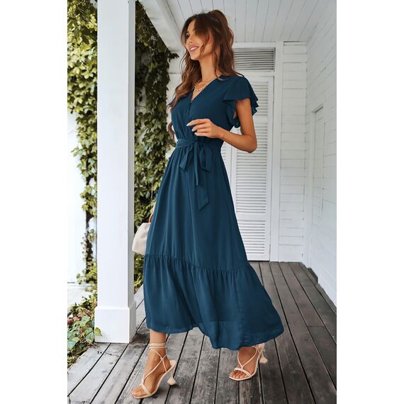 Awemeal Kleid Damen Sommer Elegant V-Ausschnitt Kurzarm Lang Sommerkleid Boho Blumenkleid mit Gürtel Rüschen Saum Wickelkleid Strandkleid A Linie Fließend Maxikleid （L, See Blau）