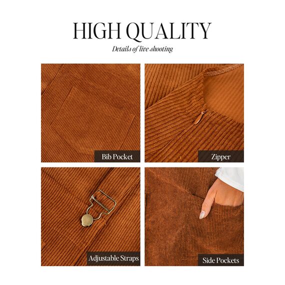 CUPSHE Damen Latzrock Quadratischer Ausschnitt Hosenträger Taschen Cord Latzkleid Overallkleid Freizeitkleider Corduroy Mini Dress Braun M