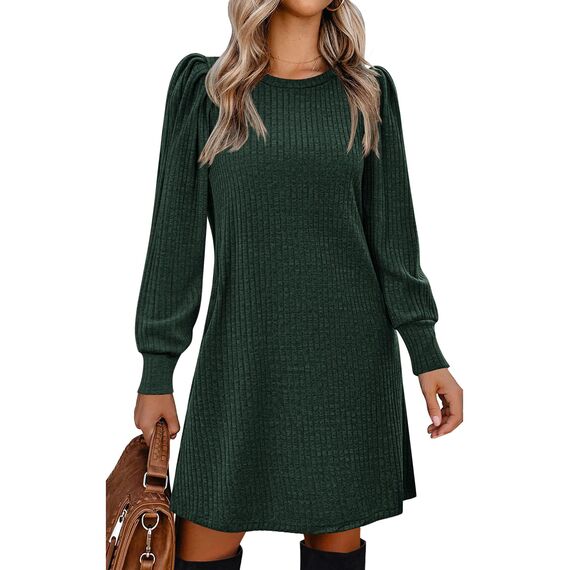 Zeagoo Kleid Damen Herbst Langarm Pulloverkleid mit Taschen Rundhals Dünne Strickkleid Kleid Herbst Winter Casual Herbstkleid Grün M