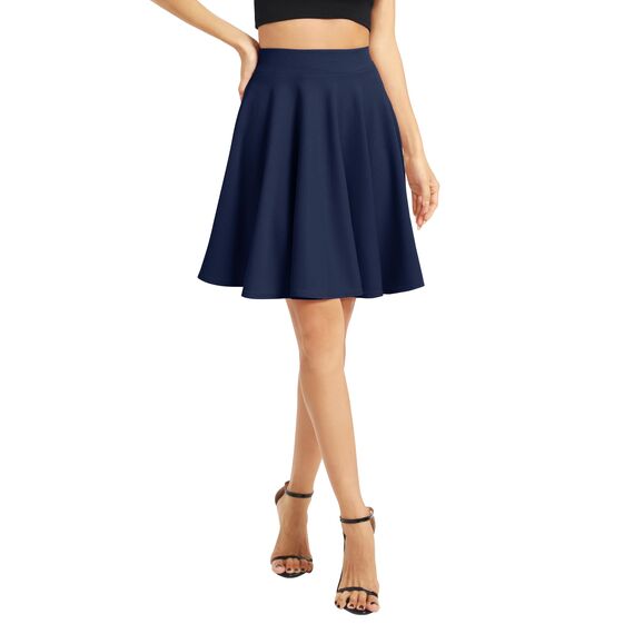 Damen Elegante Elastische Taille Ausgestellte A-Linie Midi Rock Basic Uniform Plissee Skater Röcke(S, Navy Blau)