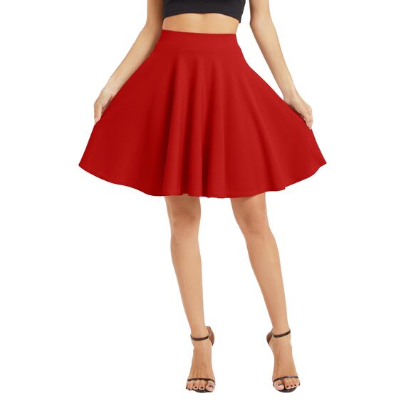 Damen Elegante Elastische Taille Ausgestellte A-Linie Midi Rock Basic Uniform Plissee Skater Röcke(XL, Rot)